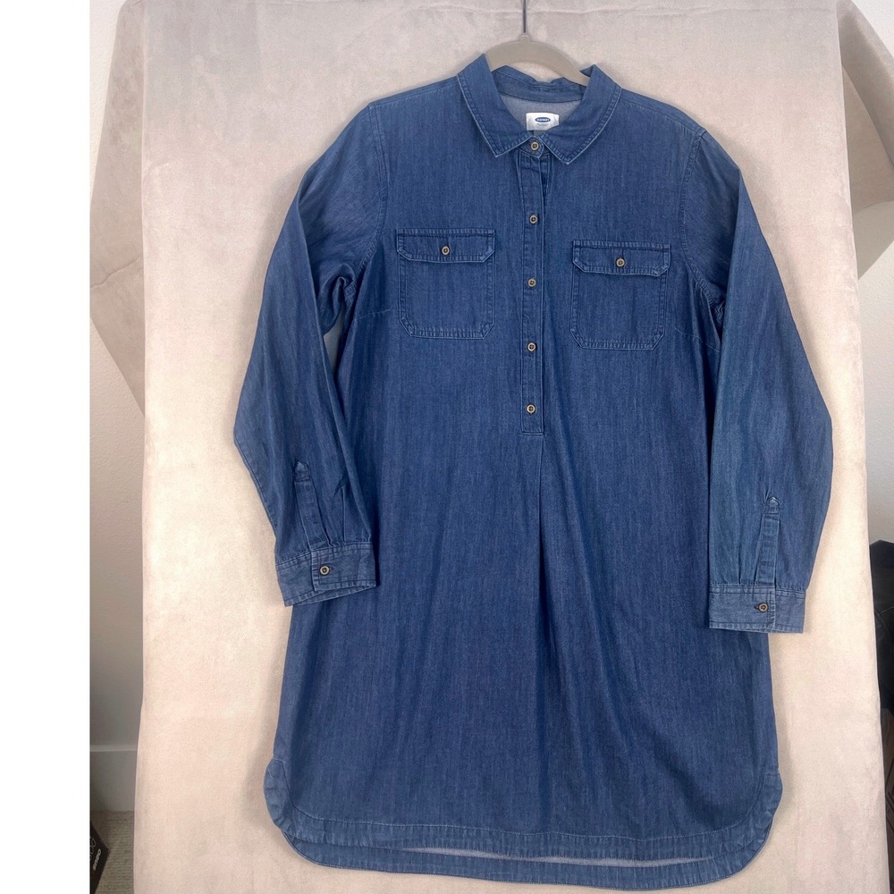 Old Navy Womens Blue Denim Long Sleeve Button Up Shirt Dress Large L Pockets